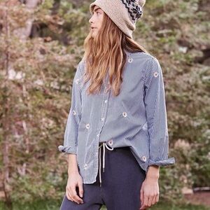 The GREAT Floral Embroidered Stripe Shirt Size S Daisy Button Front Long Sleeve